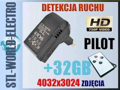 KAMERA ZASILACZ ŁADOWARKA HD720 DETEK. RUCHU +32GB
