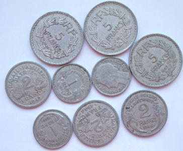 Francja, Lot monet, 1943 - 1958, 9 sztuk