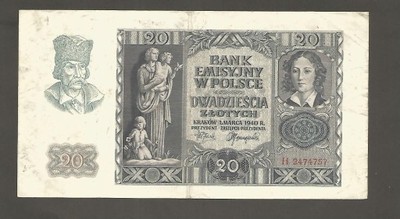 Banknot  20  złotych 1 marca  1940 rok     ser H