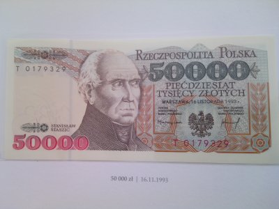 Polskie  Banknoty Obiegowe 50000zł 1993r UNC