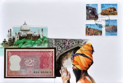 Indie - Koperta i banknot 2  Rupees - OKAZJA
