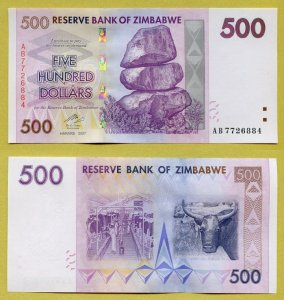 -- ZIMBABWE 500 DOLLARS 2007 AB P70 UNC