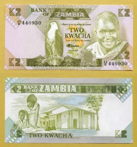 -- ZAMBIA 2  KWACHA nd/ 1980-88 54/F P24c UNC