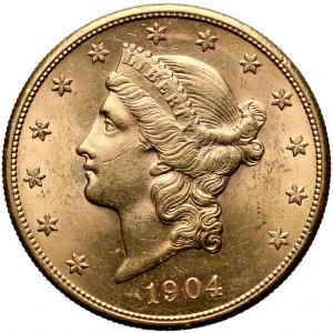 4816. ZŁOTO, USA 20 dolarów 1904-S, st.1-/2+