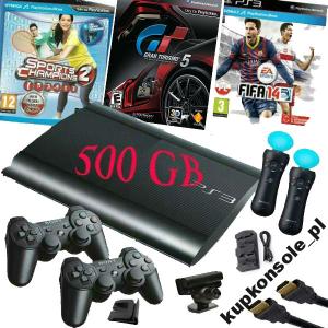 SONY PS3 500GB+2xMOVE+HDMI+2 PADY+SPORT+GT5+FIFA14