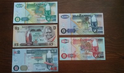 Zambia banknoty 2,5,20,50 i 100 kwacha stan UNC