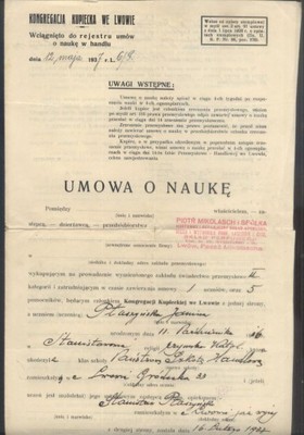Kongregacja Kupiecka, Lwów, Umowa o Naukę 1937 rok