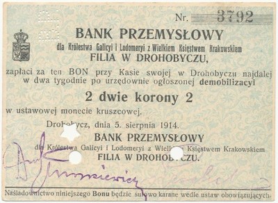 3662. Drohobycz Bank Przemysłowy 2 kr 1914