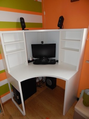Duże biurko narożne IKEA MICKE z półkami, białe - 6669963538 - oficjalne  archiwum Allegro