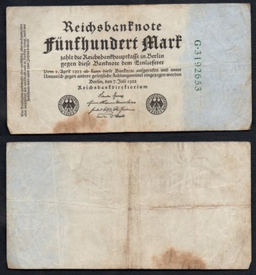 500 marek 1922 rok NIEMCY. Stary banknot.