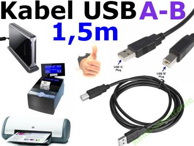 HQ Kabel przewód drukarkowy wtyk USB A-B 2.0 1,5m