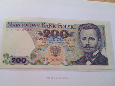 Polskie  Banknoty Obiegowe 200zł 1986r UNC CZ 00..
