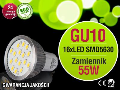 Żarówka GU10 16 LED SMD 5630 CIEPŁA 600lm = 55W