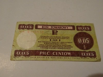 Bon towarowy  5 Centów 1979r. Pewex seria HA BCM