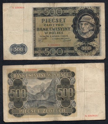 Polska 500 złotych 1940 rok. BANKNOT.