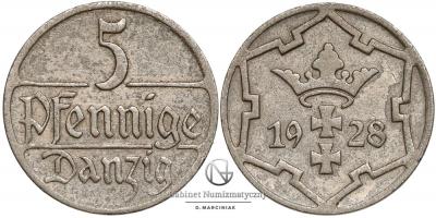 1581. Gdańsk 5 fenigów 1928, st.3/3+