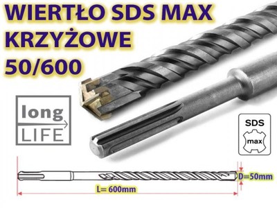 WIERTŁO SDS MAX KRZYŻOWE DO BETONU 50/600 mm PRO! - 6017038032 - oficjalne  archiwum Allegro