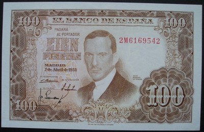 Hiszpania - 100 peset - 1953 - stan bankowy UNC