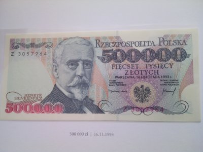 Polskie  Banknoty Obiegowe 500000 zł 1993r UNC