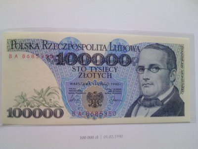 Polskie  Banknoty Obiegowe 100000zł 1990r UNC