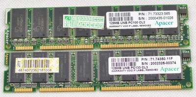 Pamięc ram SDRAM DIMM APACER 2 x 128MB PC100/PC133