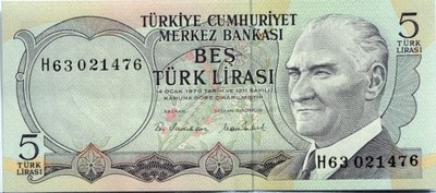 Banknot 5 Lirasi Turcja - SUPER STAN !! OKAZJA !!