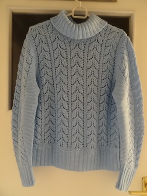 Śliczny sweter golf  błękit ażur ręczna akryl L/XL