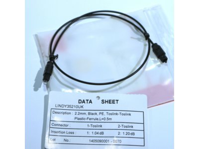 Kabel Optyczny Toslink 0,5m SPDIF Lindy F-VAT
