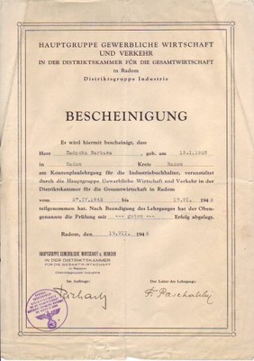 Bescheinigung /Zaśw. kurs księgowości /Radom 1943