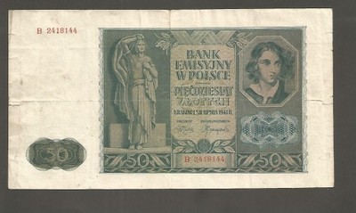 Banknot  50  złotych  1941 rok  seria B  !!!