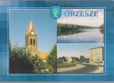 pocztówka ORZESZE Kościół Centrum rower HERB