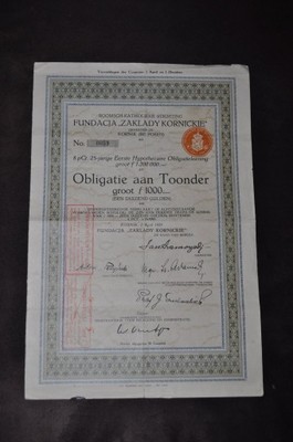 Obligacja Fundacja-Zakłady Kornickie 1929 RRR!!!