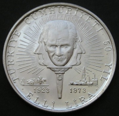 Turcja / 50 lira / 1973 / Ataturk / srebro