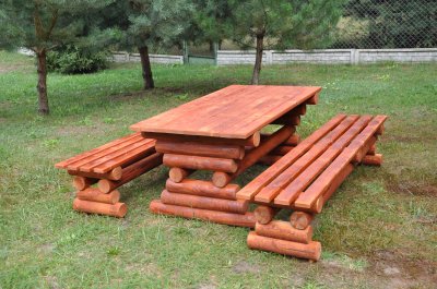 Meble ogrodowe z bali stół ławki drewniane zestaw - 6474819106 - oficjalne  archiwum Allegro