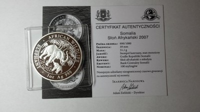 100 szylingów Somalia 2007 Słoń Słonie 1 oz AG