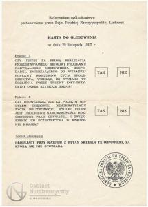 3142. PRL Karta do Głosowania w Referendum 1987