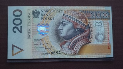 200 złotych 1994 ciekawy numer AA 0048584 UNC