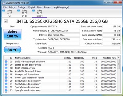 SSD 256GB INTEL 2280 3h pracy NGFF M.2. GWARANCJA