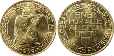 100 FRANKÓW LUZERN 1939 PCGS MS 64+