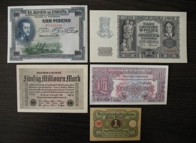 Zestaw 5 starych banknotów, 1940 20 zł złotych UNC