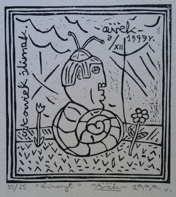 Człowiek ślimak. 13 x 14 cm. 1999 r. (linoryt)