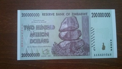 Zimbabwe 200 000 000 Dolarów UNC