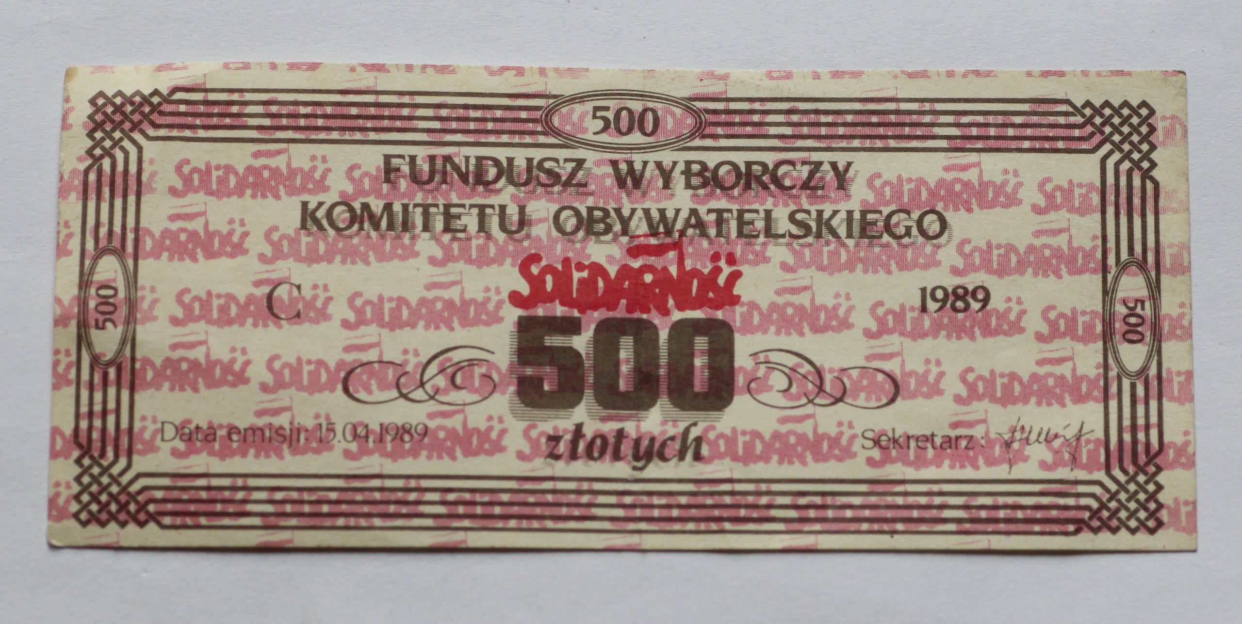 Banknot Solidarność -500 1989 Fundusz Komitetu Oby