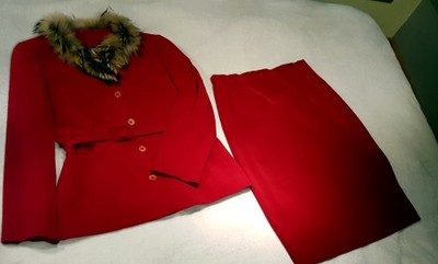 kostium żakiet spódnica czerwony futerko rozm. M/L