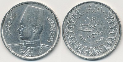 Egipt 10 Piastres - 1939r Srebro (Ag-833) . Monety