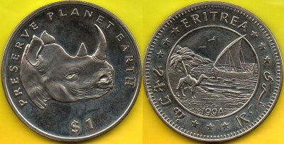 ERITREA  1  Dollar  1994 r. Nosorożec czarny