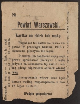 Powiat Warszawski 1916 Kartka na chleb mąkę