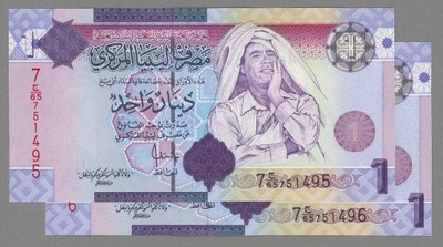 Libia 1 Dinar 2009 UNC 2 kolejne numery