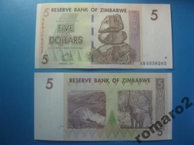 Banknot Zimbabwe 5 Dollars 2007 Słoń P-66 UNC