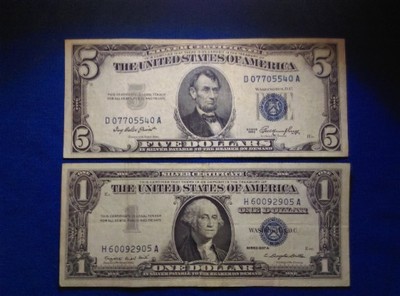 USA 5$ i 1$ 1953r.,1957r. silver certyfikat.